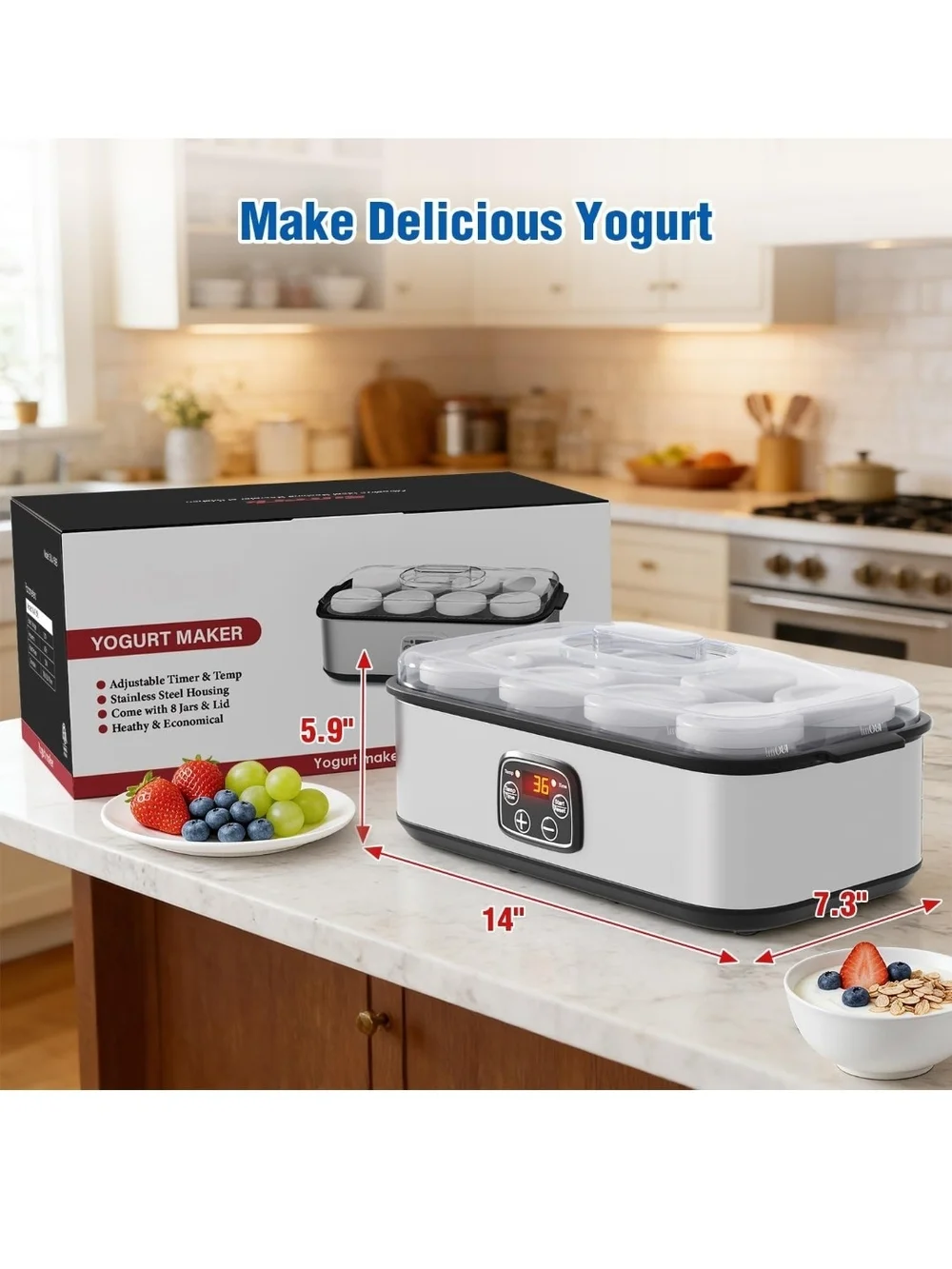 Electric Yogurt Maker with 8 Glass Jars - Silver